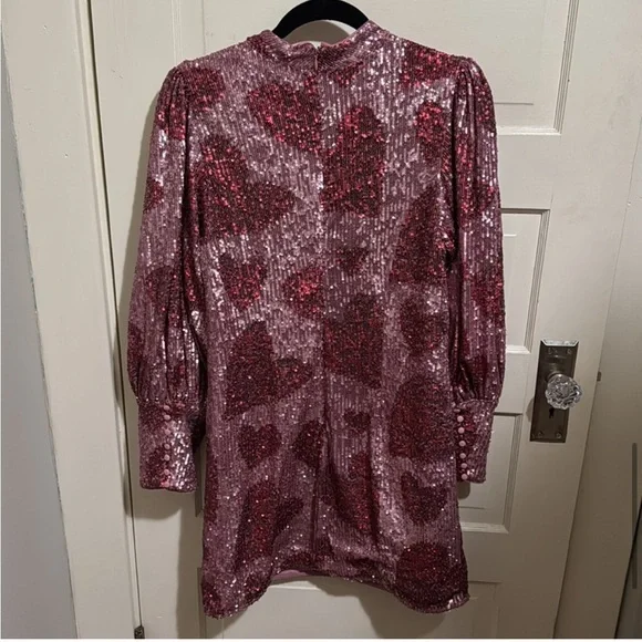 Farm Rio Hearts Sequin Long Puff Sleeve Mini Dress Sz M NWT - Picture 12 of 16